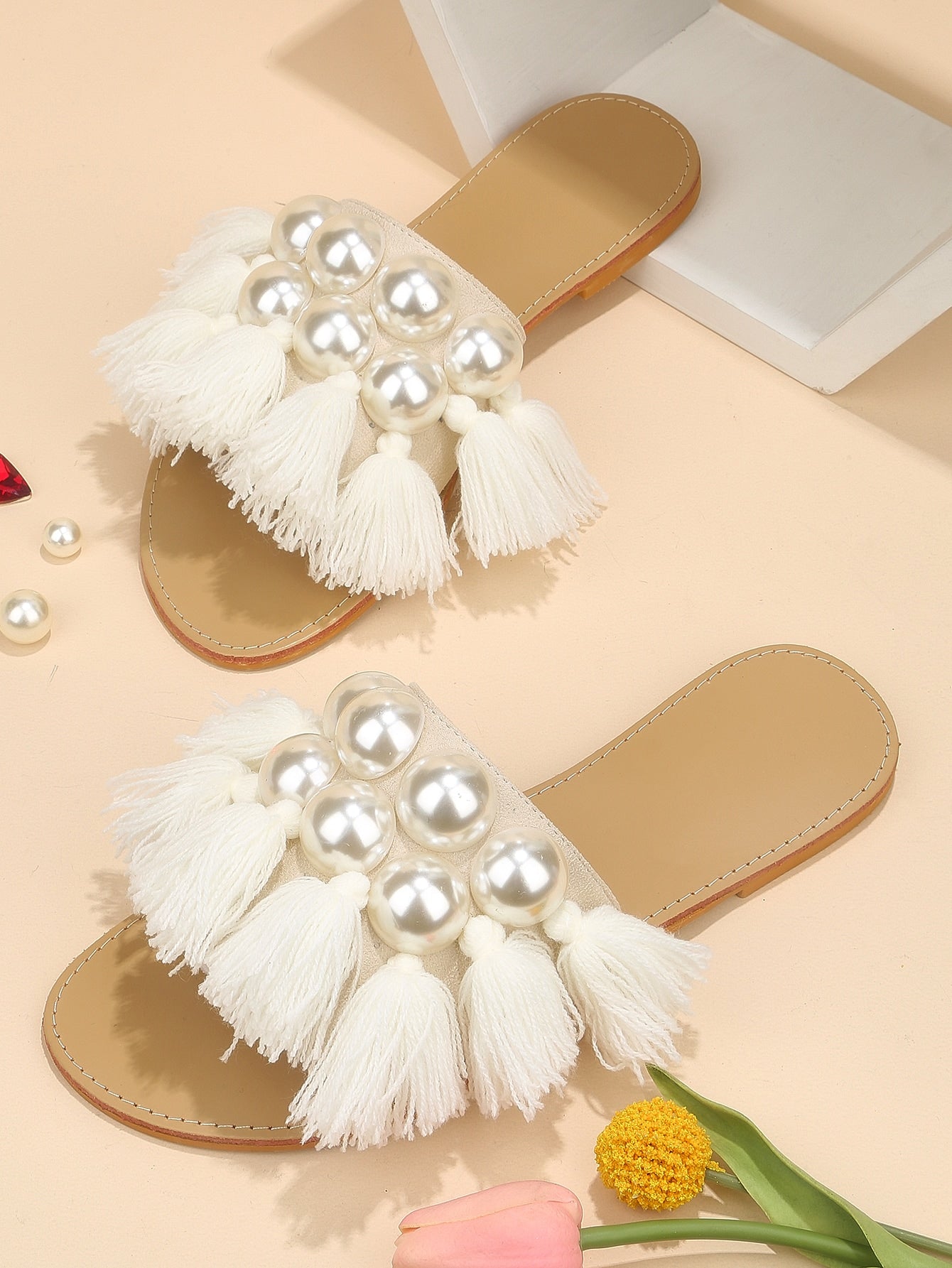 Fashionable Slide Sandals For Women, Faux Suede Faux Pearl & Tassel Decor Single Band Flat Sandals