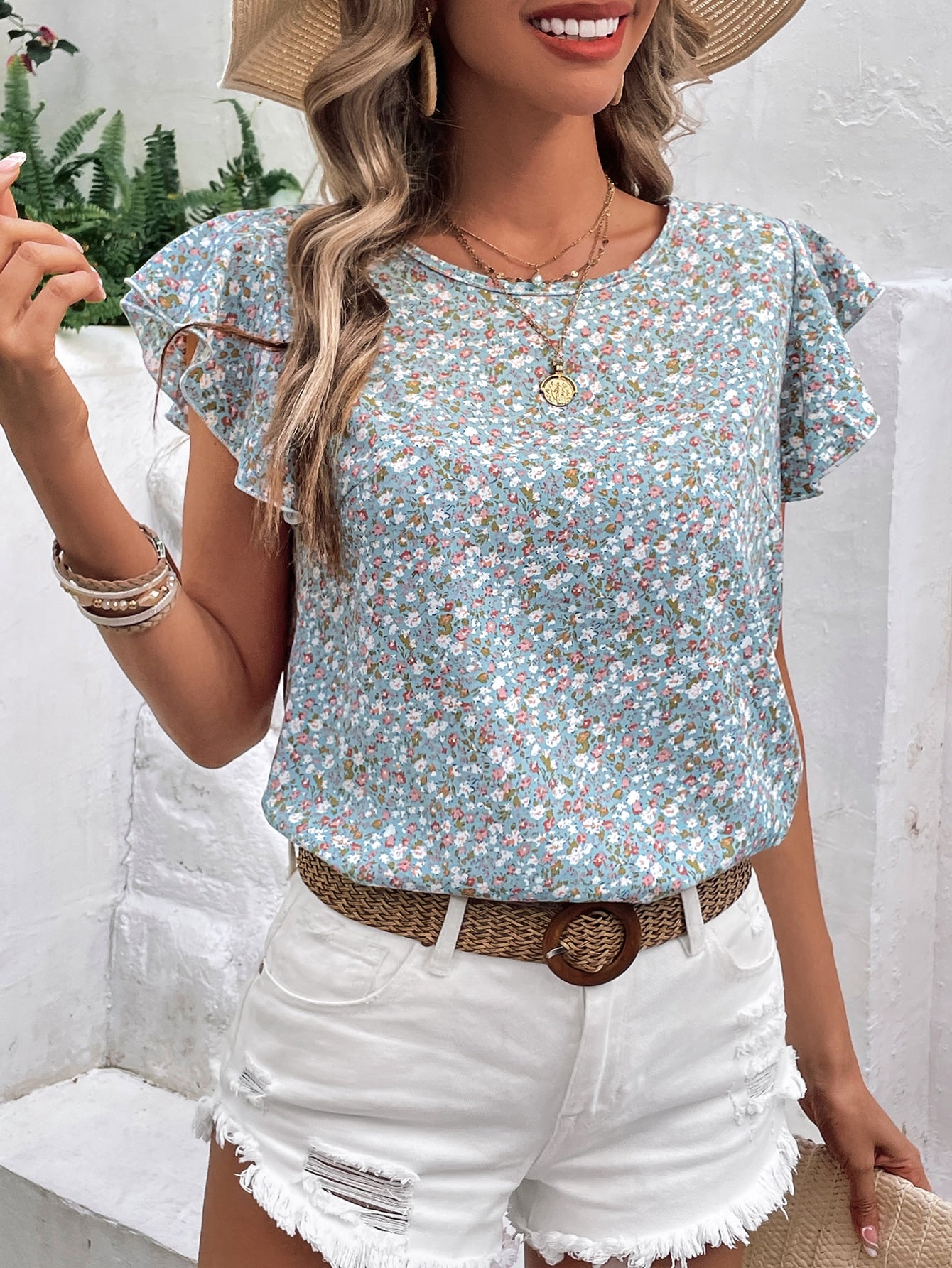 Ditsy Floral Print Butterfly Sleeve Blouse