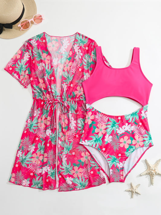 Teen Girls Tropical Print Cut Out One Piece Swimsuit With Kimono Matching Set