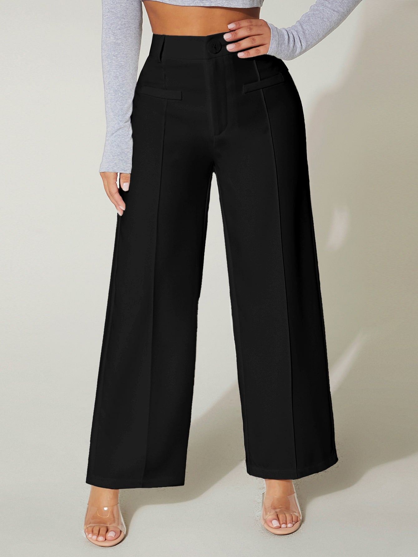 Seam Front Wide Leg Black Dress Pants