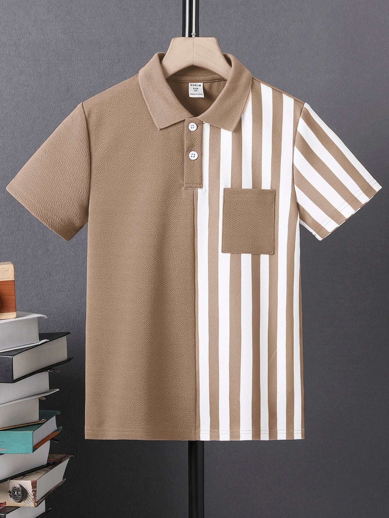 Tween Boy Striped Print Pocket Patched Polo Shirt