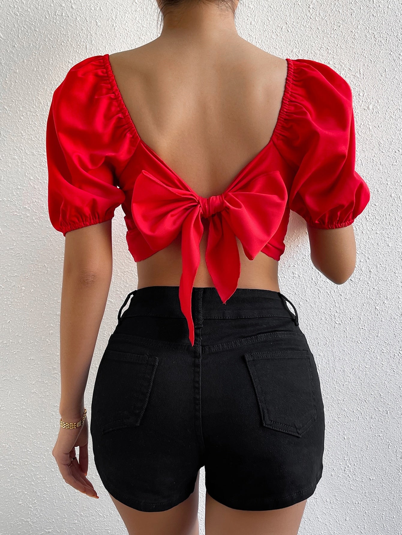 Square Neck Puff Sleeve Crop Blouse