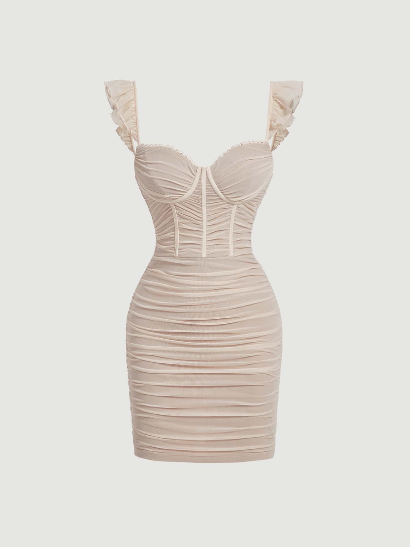 Ruffle Trim Ruched Bustier Mesh Bodycon Dress