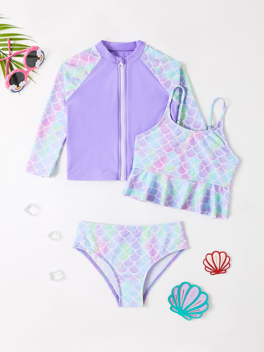 Young Girl Fish Scales Print Ruffle Hem Bikini Set With Zipper Up Top Matching Set Summer Beach