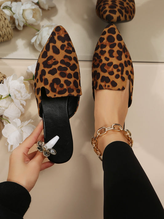 Faux Suede Leopard Pattern Point Toe Mule Flats