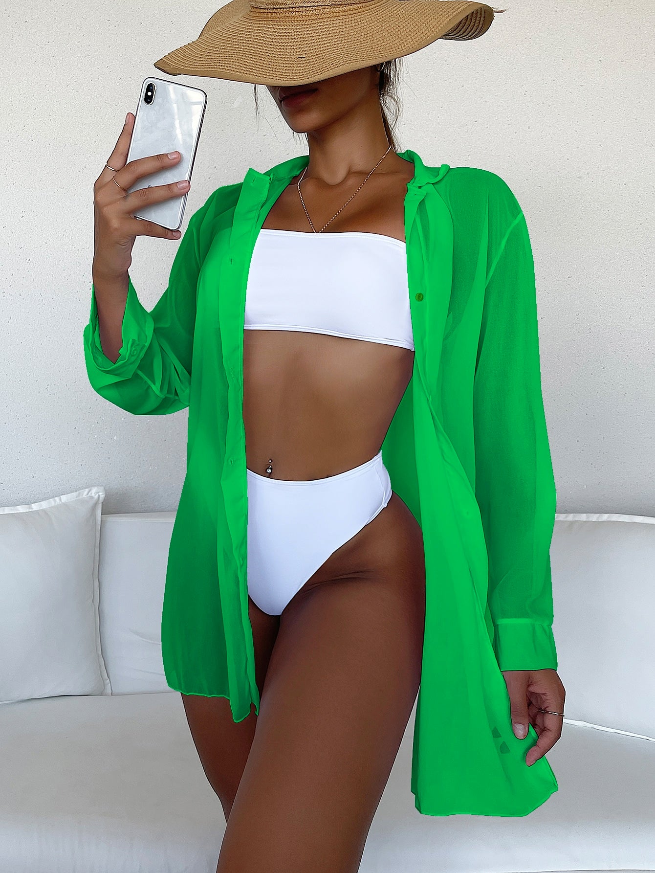 Swim Summer Beach Cut-Out Button Front Kimono