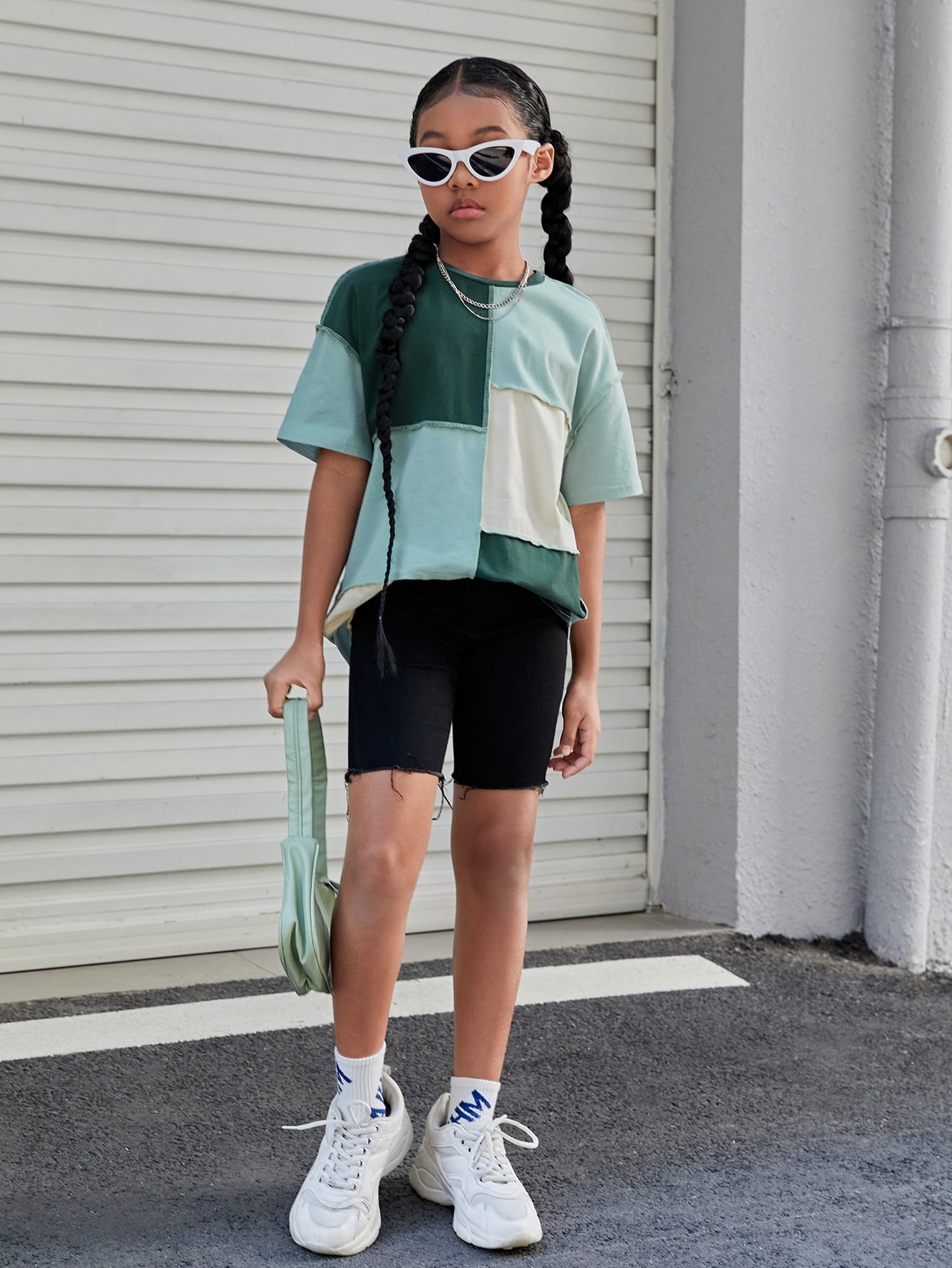 Tween Girl Short Sleeve Round Neck Knitted Color Block Drop Shoulder T-Shirt