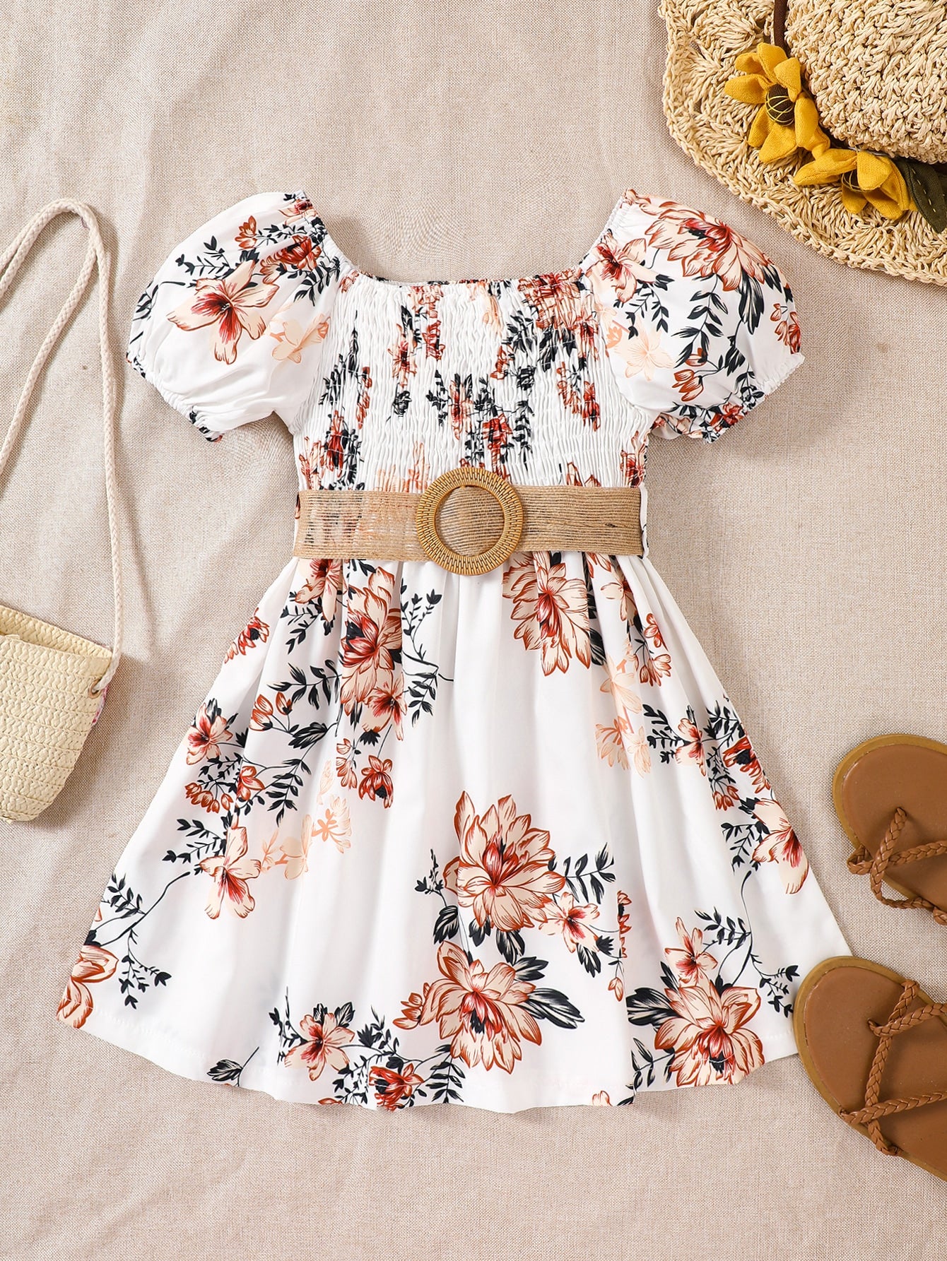 Young Girl Floral Print Puff Sleeve Shirred Dress Without Belt