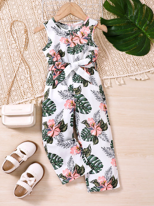 Young Girl Tropical Print Belted Tank Jumpsuit