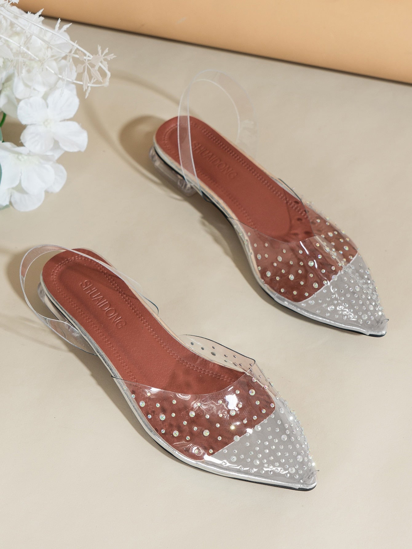 Women's Flat Shoes With Rhinestone, Latest Style Apricot-Colored Shoes, Transparent Crystal Heels, Elegant Ladies' Shoes With Crystal Clear Transparent Flat Soles For Weddings; Platform Low-Cost Women's Outdoor Flat Shoes, Women's Black Friday Sexy And Se