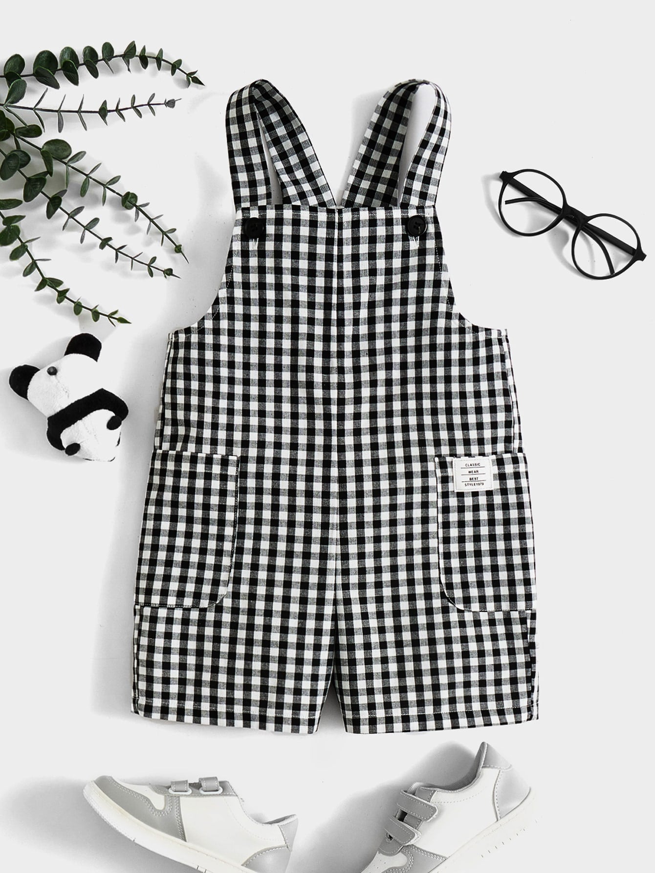 Young Boy Gingham Patched Pocket Overall Romper