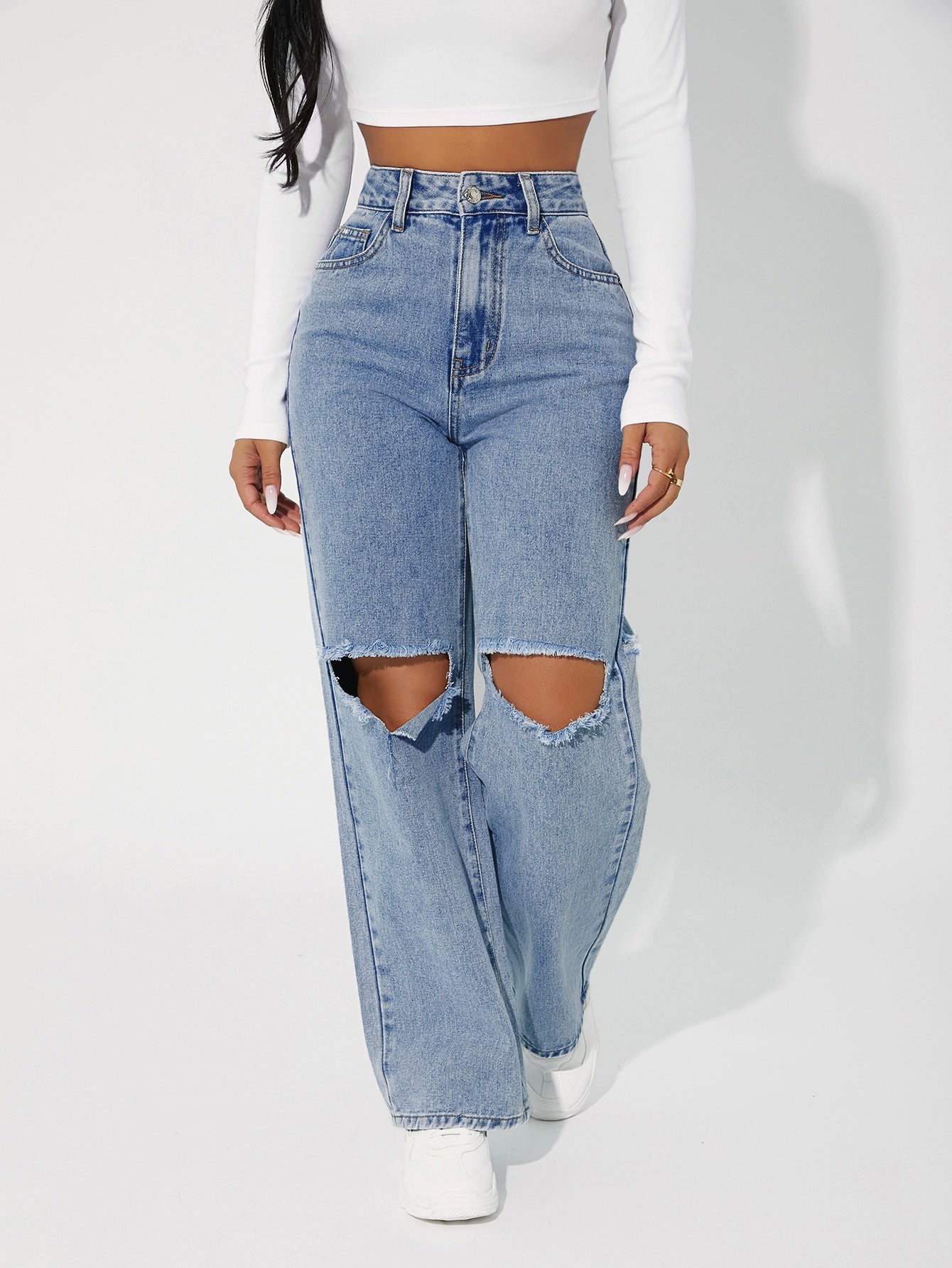 High Waist Cut Out Straight Leg Jeans