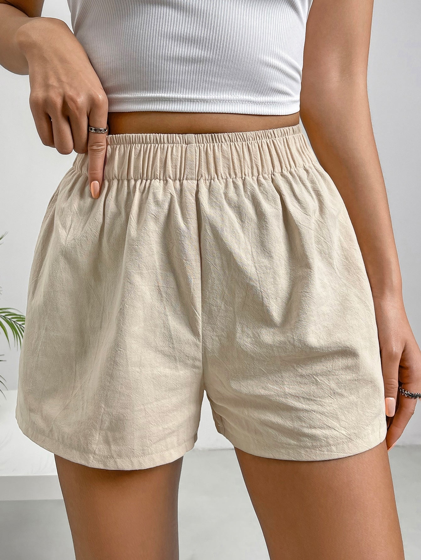 Solid Color Elastic Waist Shorts