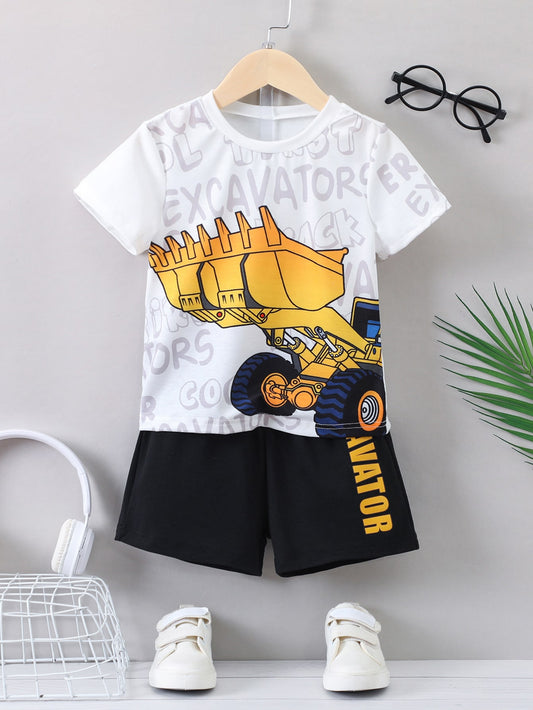 Young Boy Black And White Letter And Graphic Print Bulldozer Casual Regular Short Sleeve T-shirt With Cute Round Neck For Summer