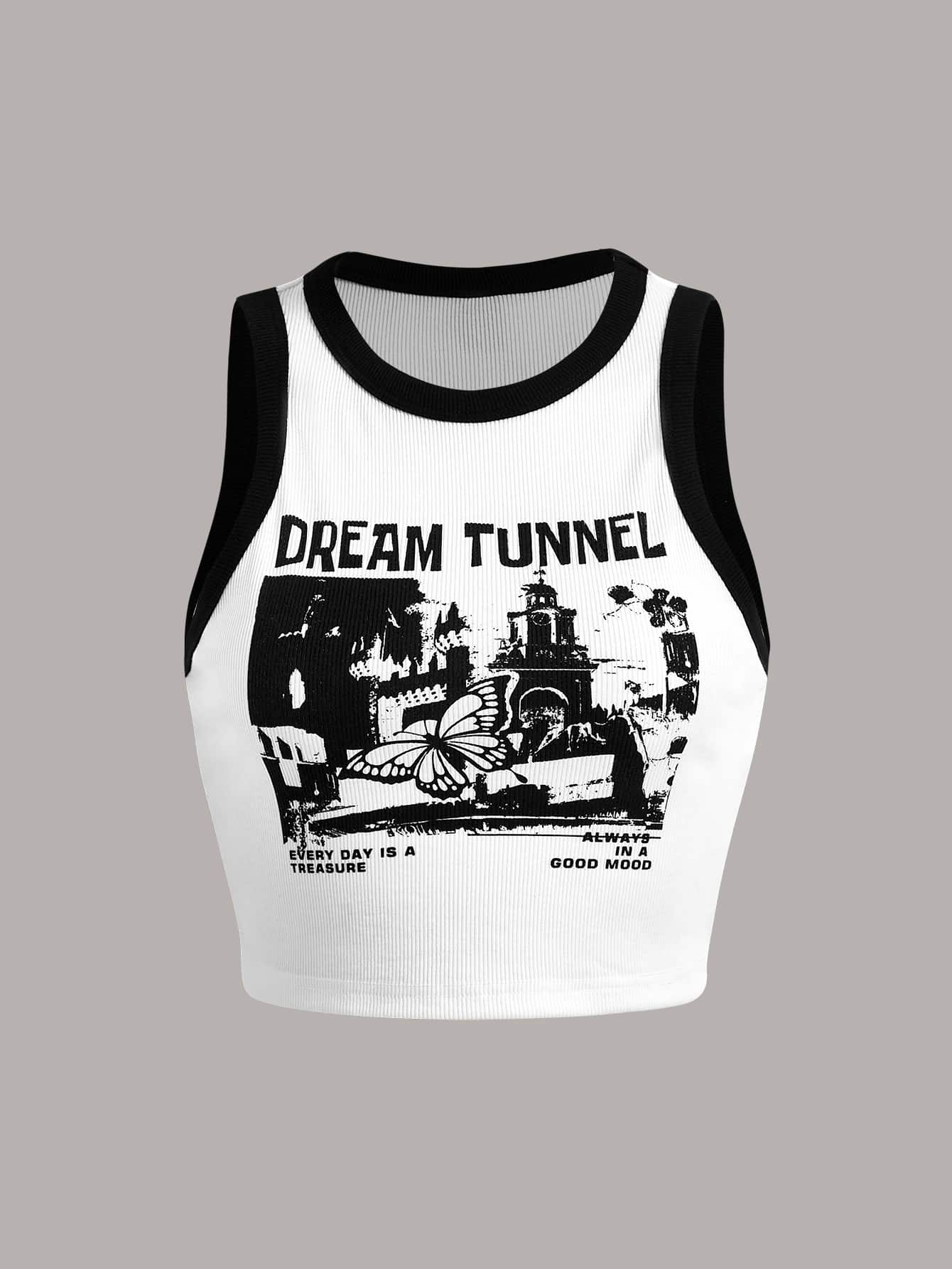 Summer Outfits Butterfly & Slogan Contrast Binding Tank Top DREAM TUNNEL EVERY DAY IS A TREASURE ALWAYS IN A GOOD MOOD