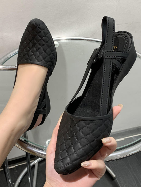 Women Top-stitching Design Point Toe Slingback Shoes, Fashion Black PVC Court Wedges