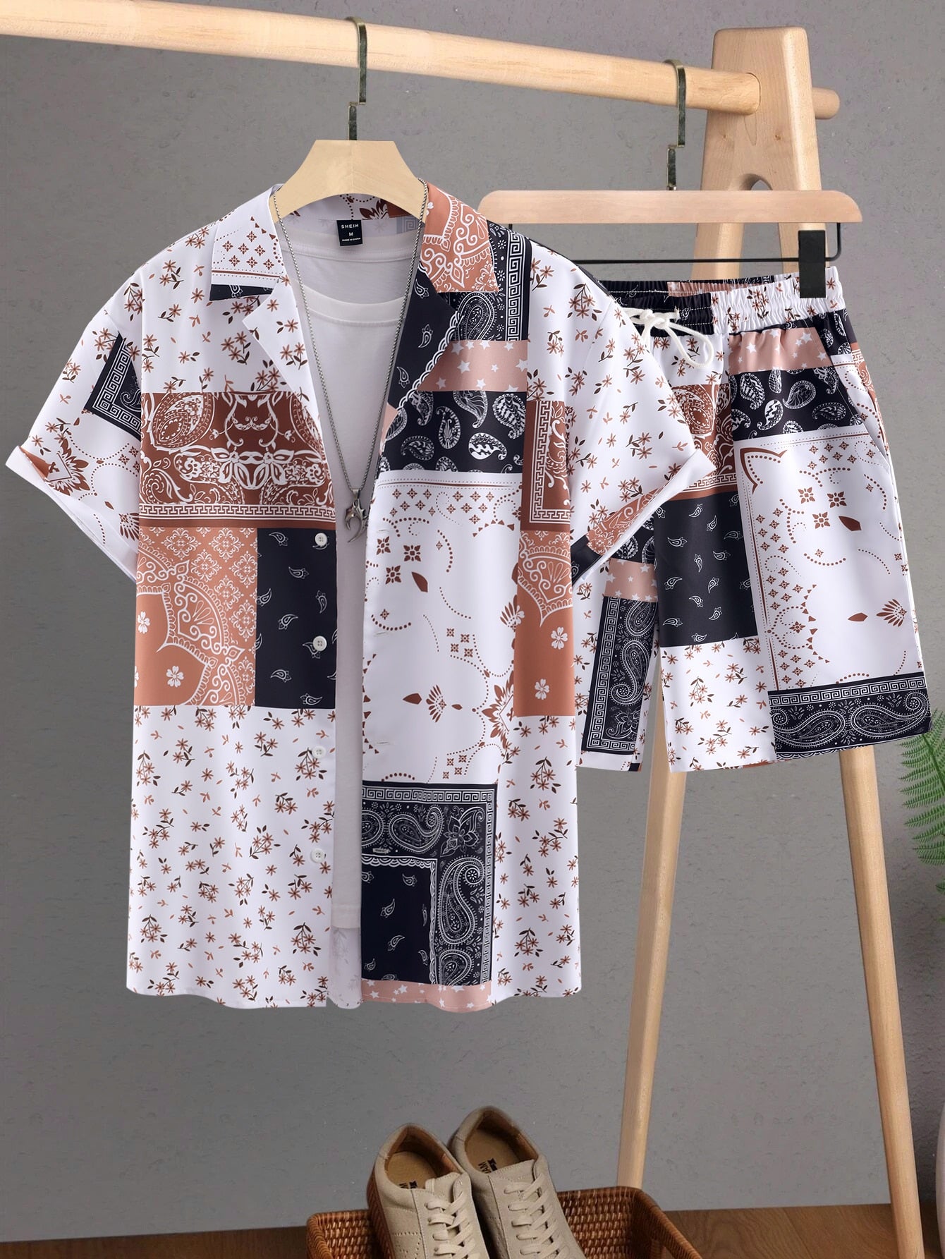 Men Random Paisley Scarf Print Shirt & Shorts Without Tee