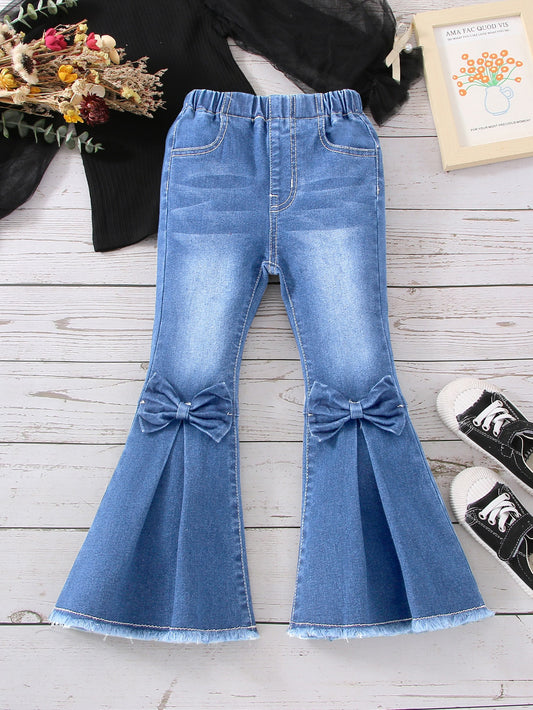 Young Girl Bow Front Fold Pleated Raw Hem Flare Leg Jeans