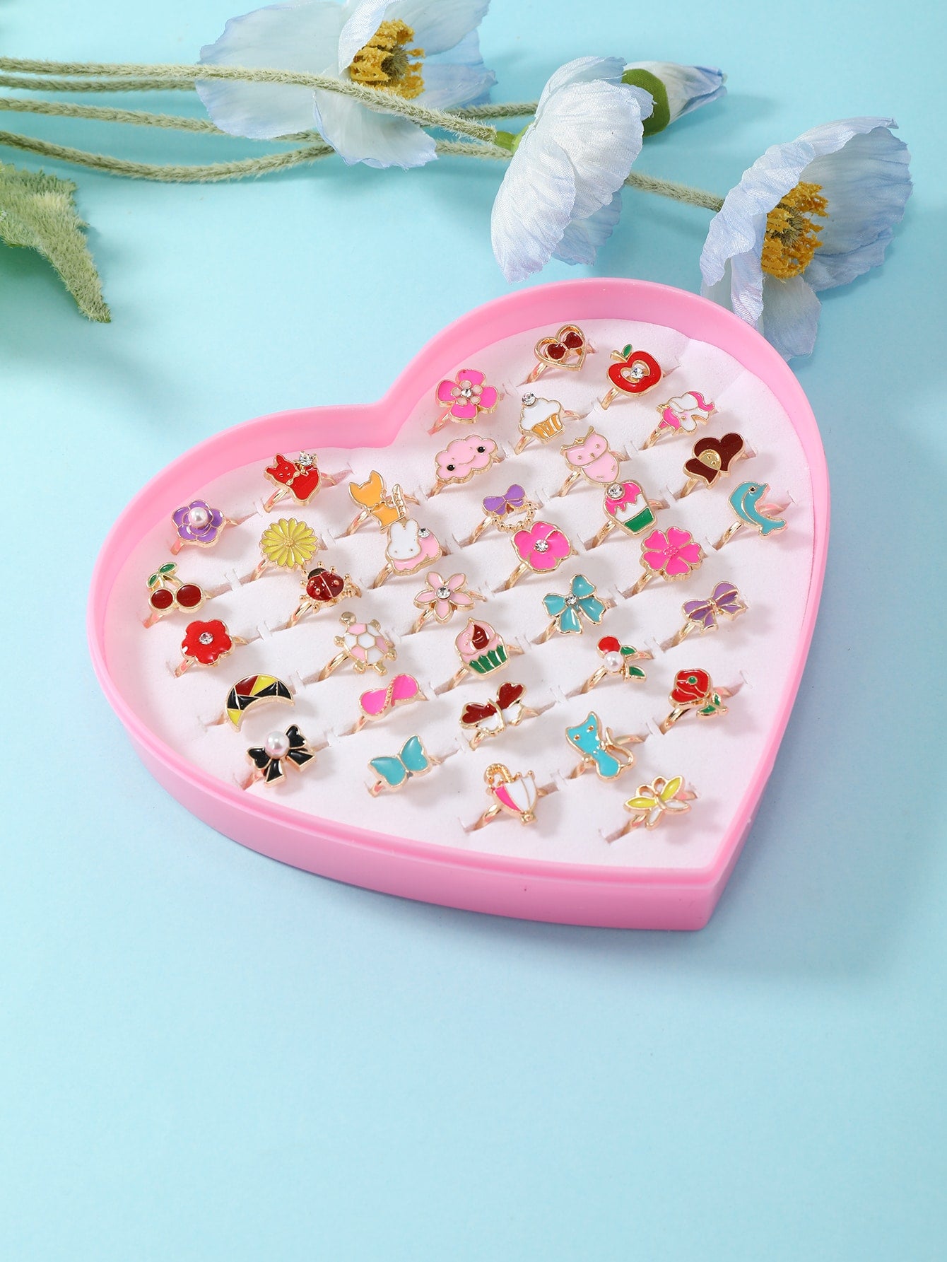 36pcs/Set Girls' Colorful Animal & Crown Design Adjustable Resin Rings