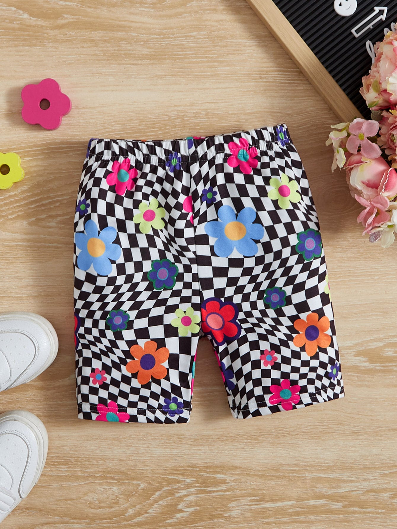 Young Girl Floral & Checker Print Biker Shorts