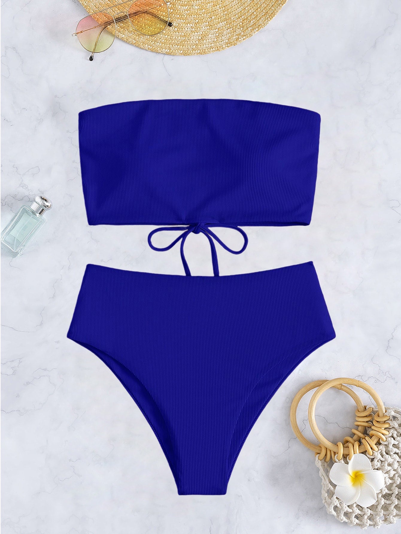 Swim Summer Beach Rib-Knit Bikini Set Lace Up Bandeau Bra Top & High Waist Bikini Bottom 2 Pieces Bikini