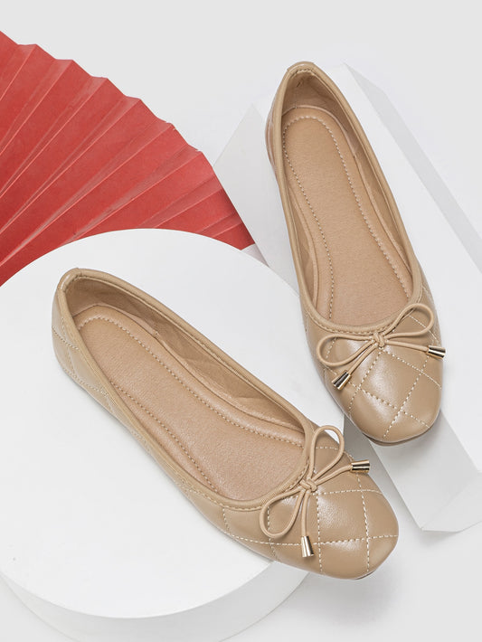 Women Bow Decor Quilted Pattern Square Toe Ballet Flats, Elegant Summer Flats