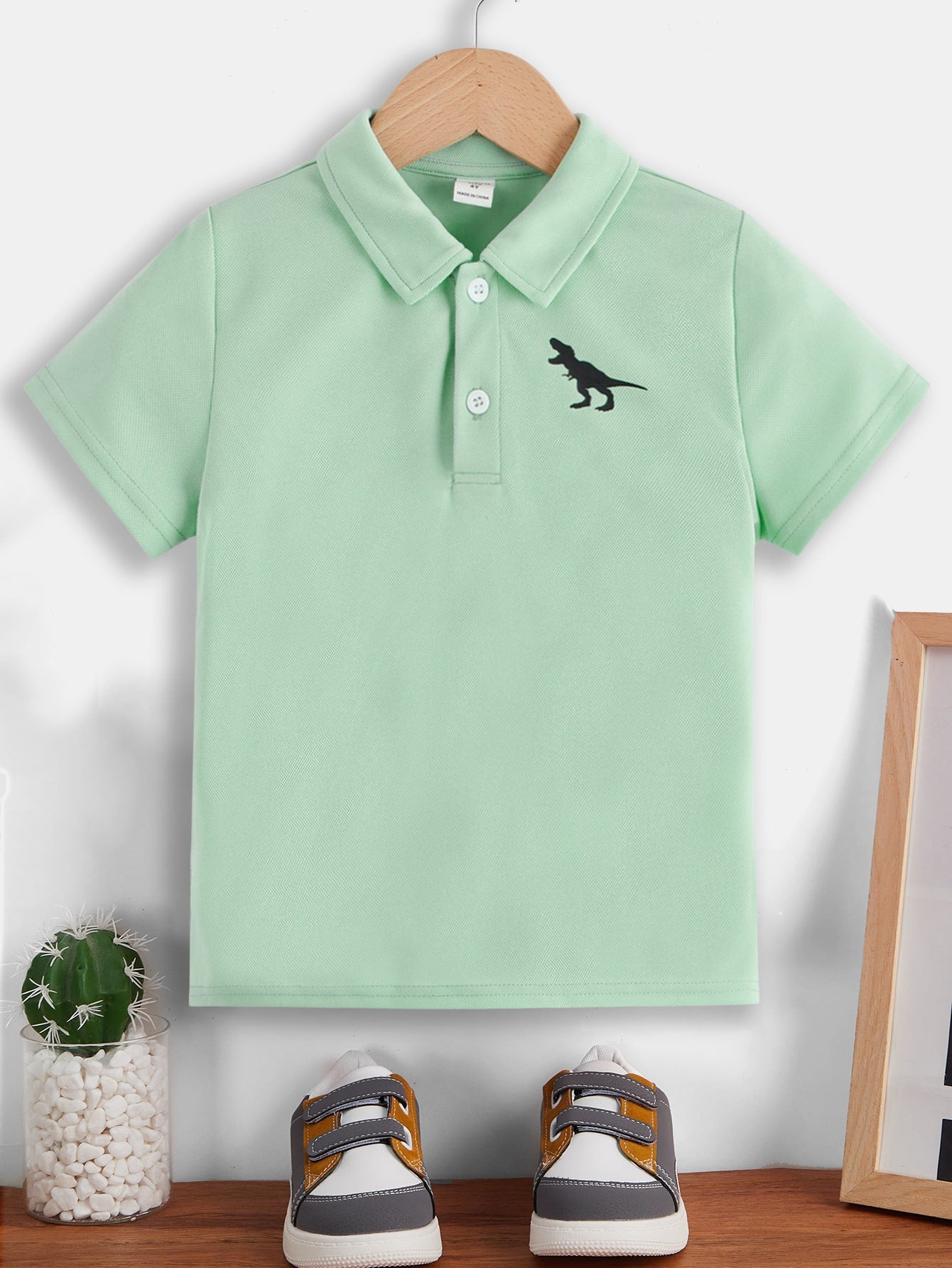 Young Boys' Dinosaur Pattern Pink Polo Shirt With Half Button Placket, Comfortable And Casual For Daily Wear In Summer