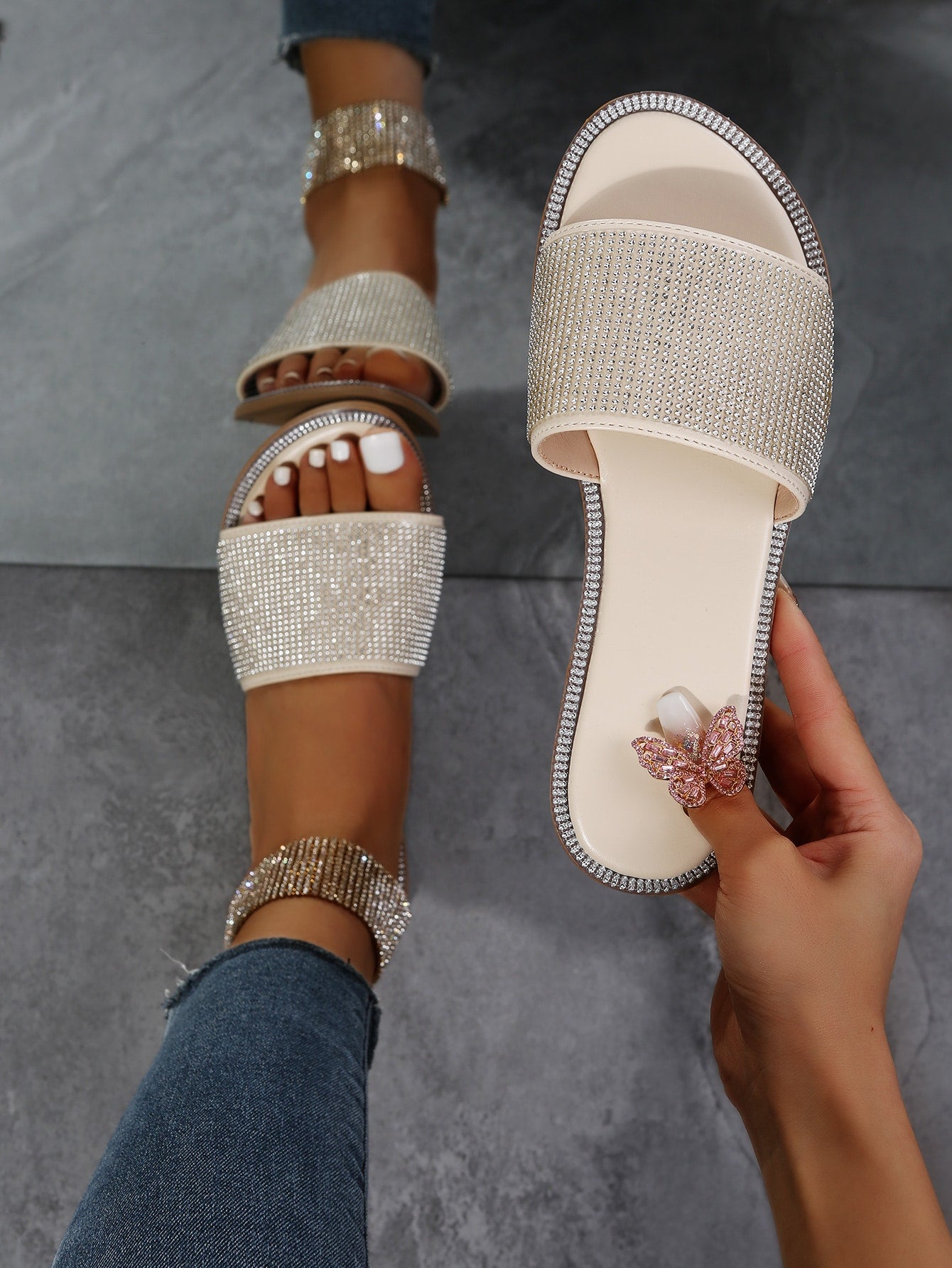 Women Rhinestone Decor Slide Sandals, Glamorous Summer Flat Sandals