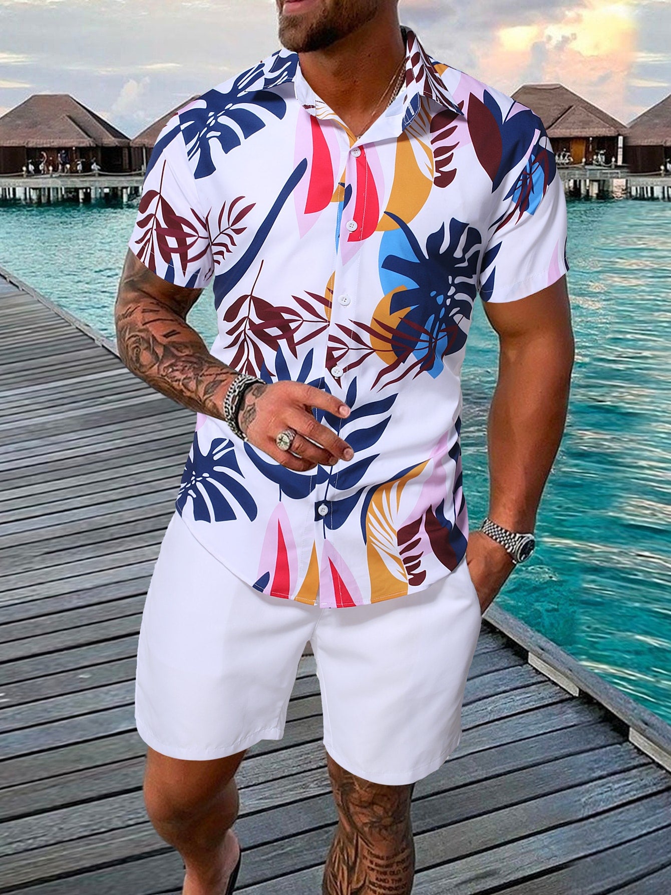 Men Tropical Print Shirt & Shorts