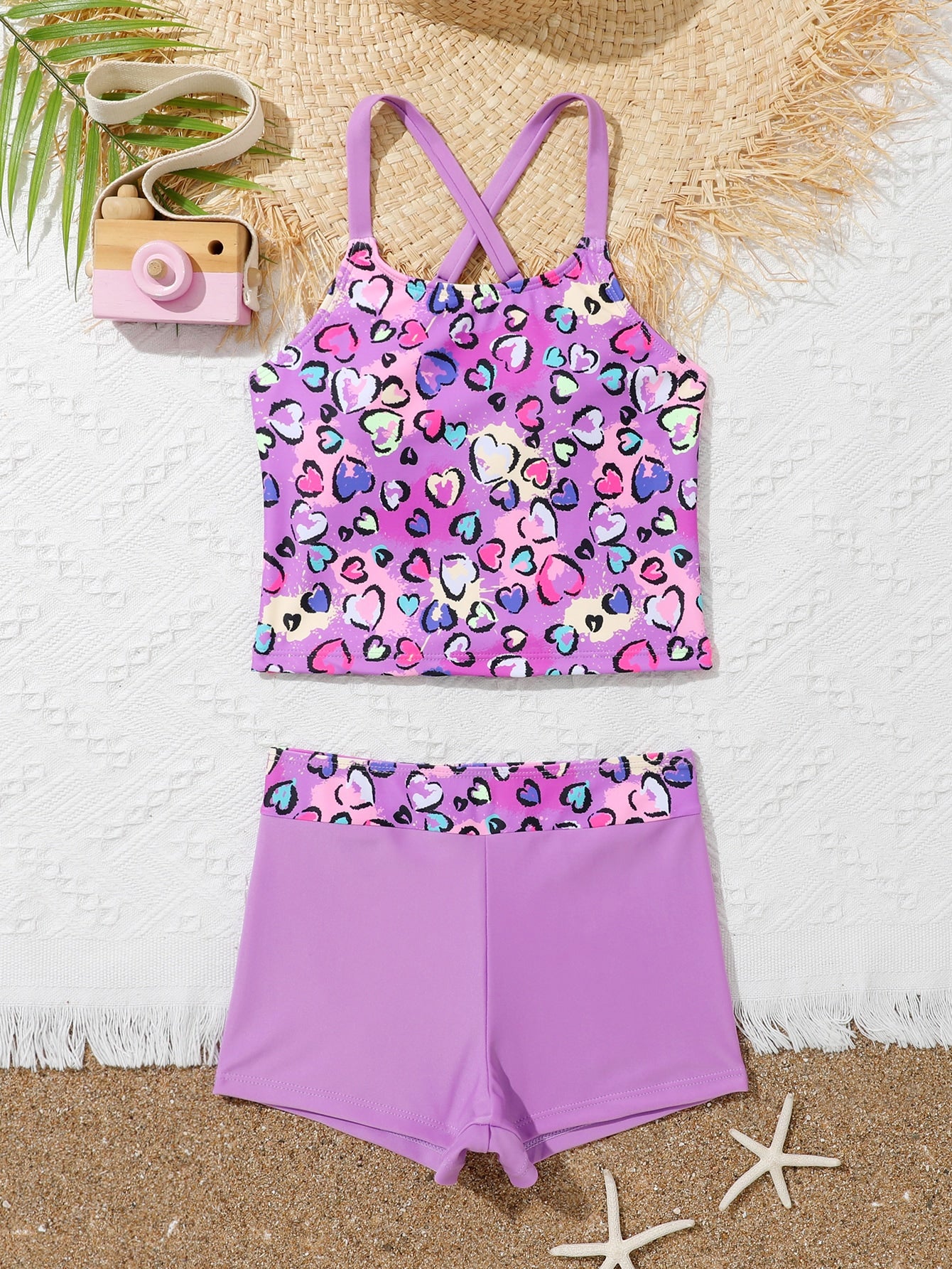 Tween Girl Heart Print Criss Cross Tankini Summer Beach