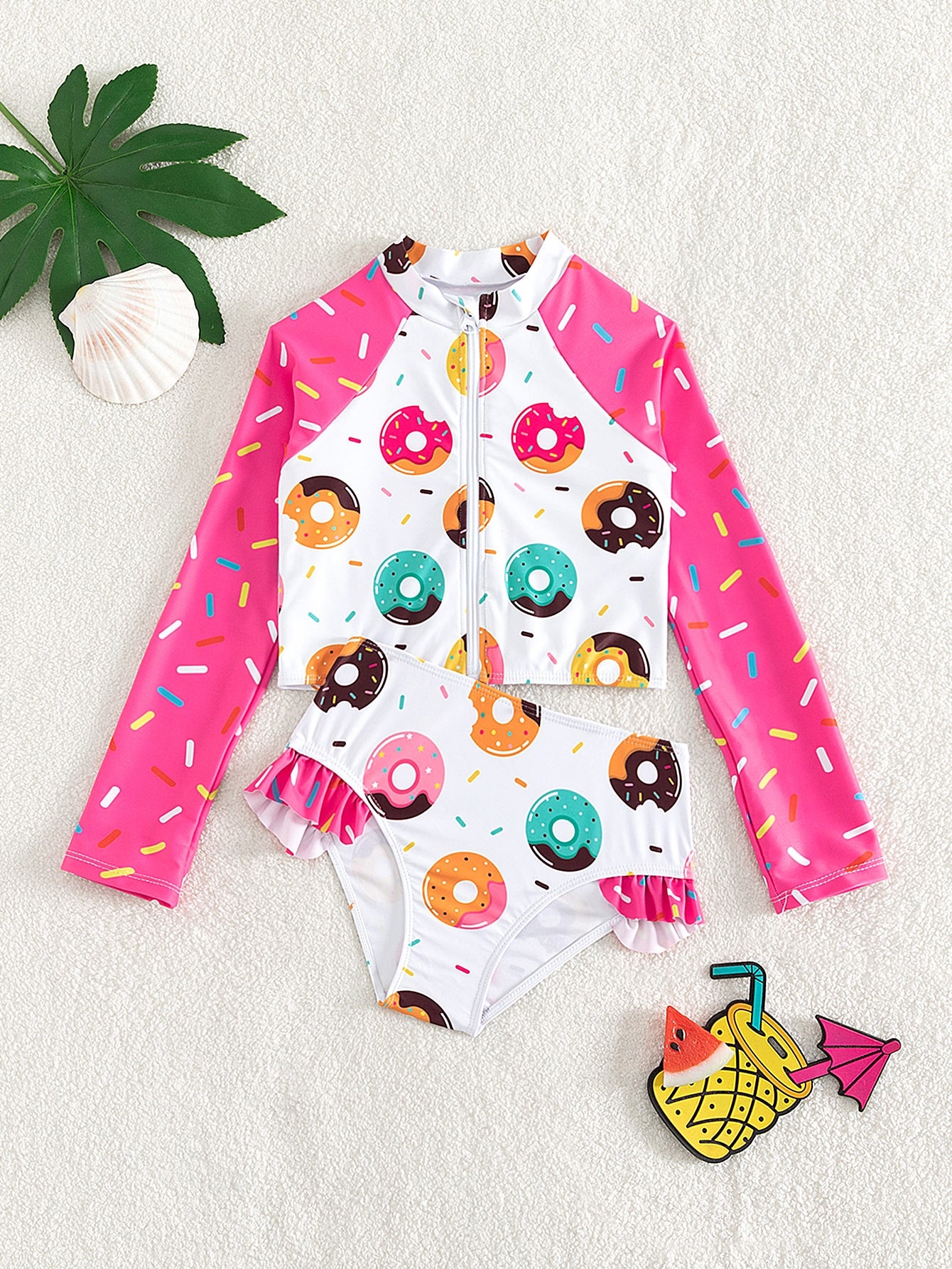 Tween Girl Color Block Donut Print Swimsuit Set