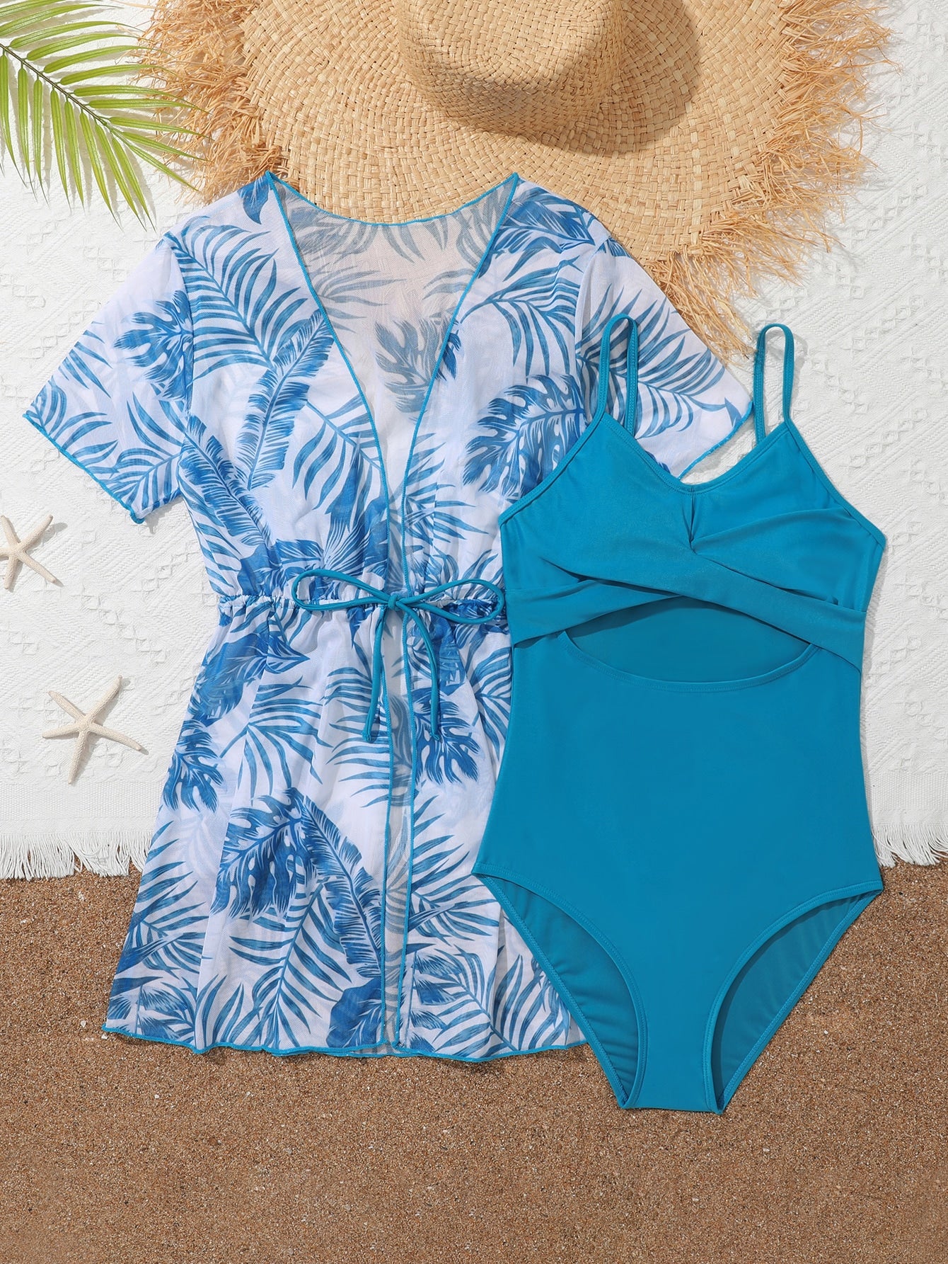 Teen Girls Cut Out One Piece Swimsuit With Tropical Print Kimono