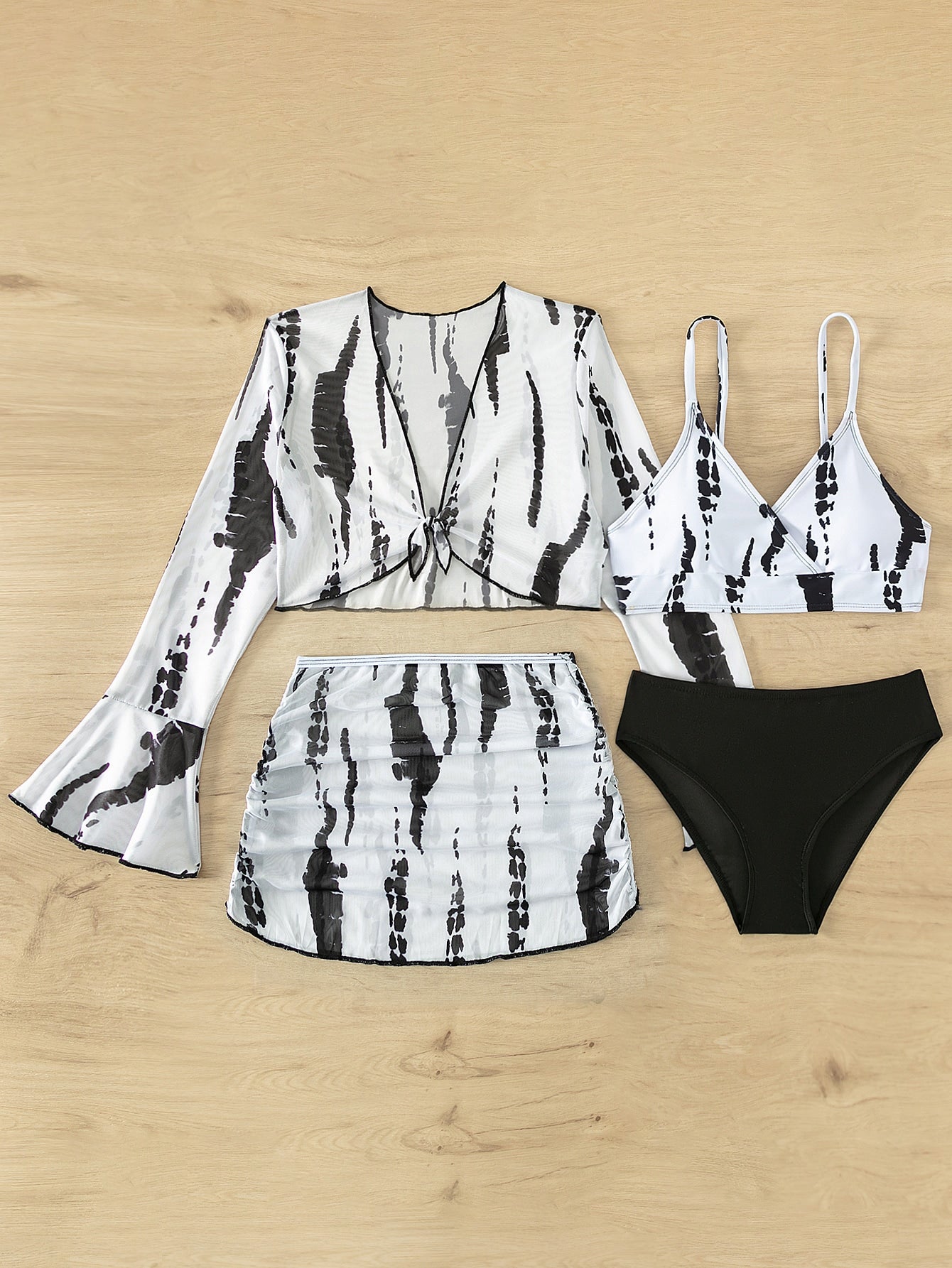 Teen Girls Allover Print Bikini Set With Flounce Sleeve Cover Up Set Matching Set Summer Beach