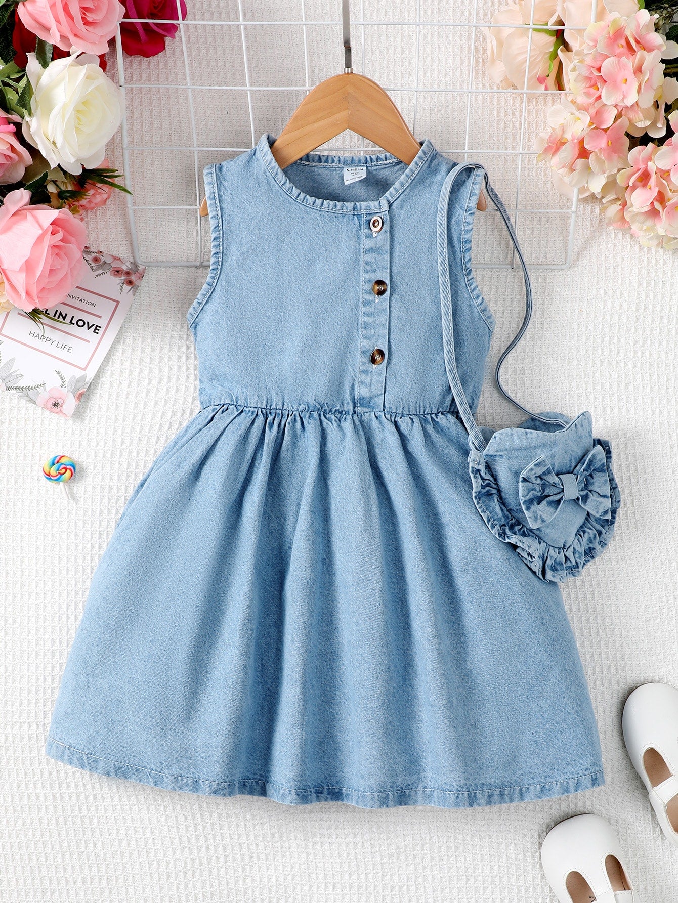 Kids Young Girl Button Front Denim Dress