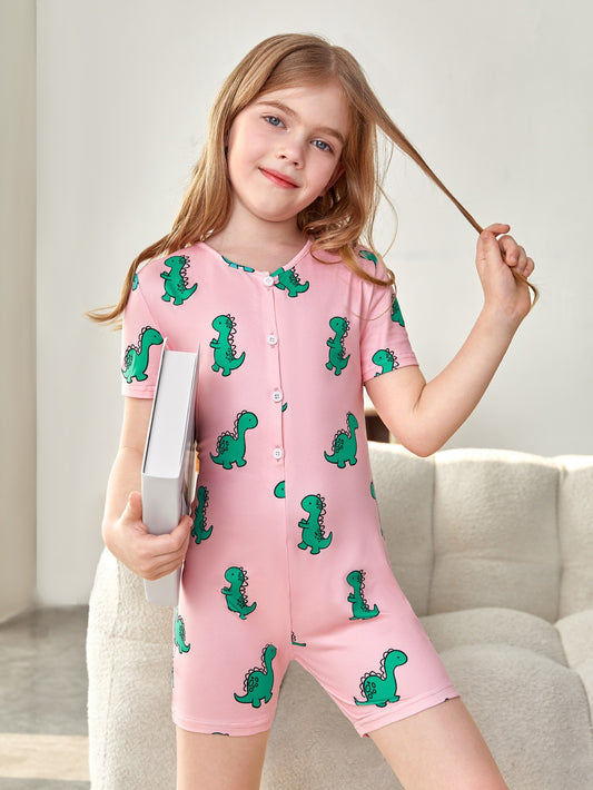 Tween Girls' Snug Fit Casual V-Neck Cartoon Dinosaur Print Pajamas For Everyday