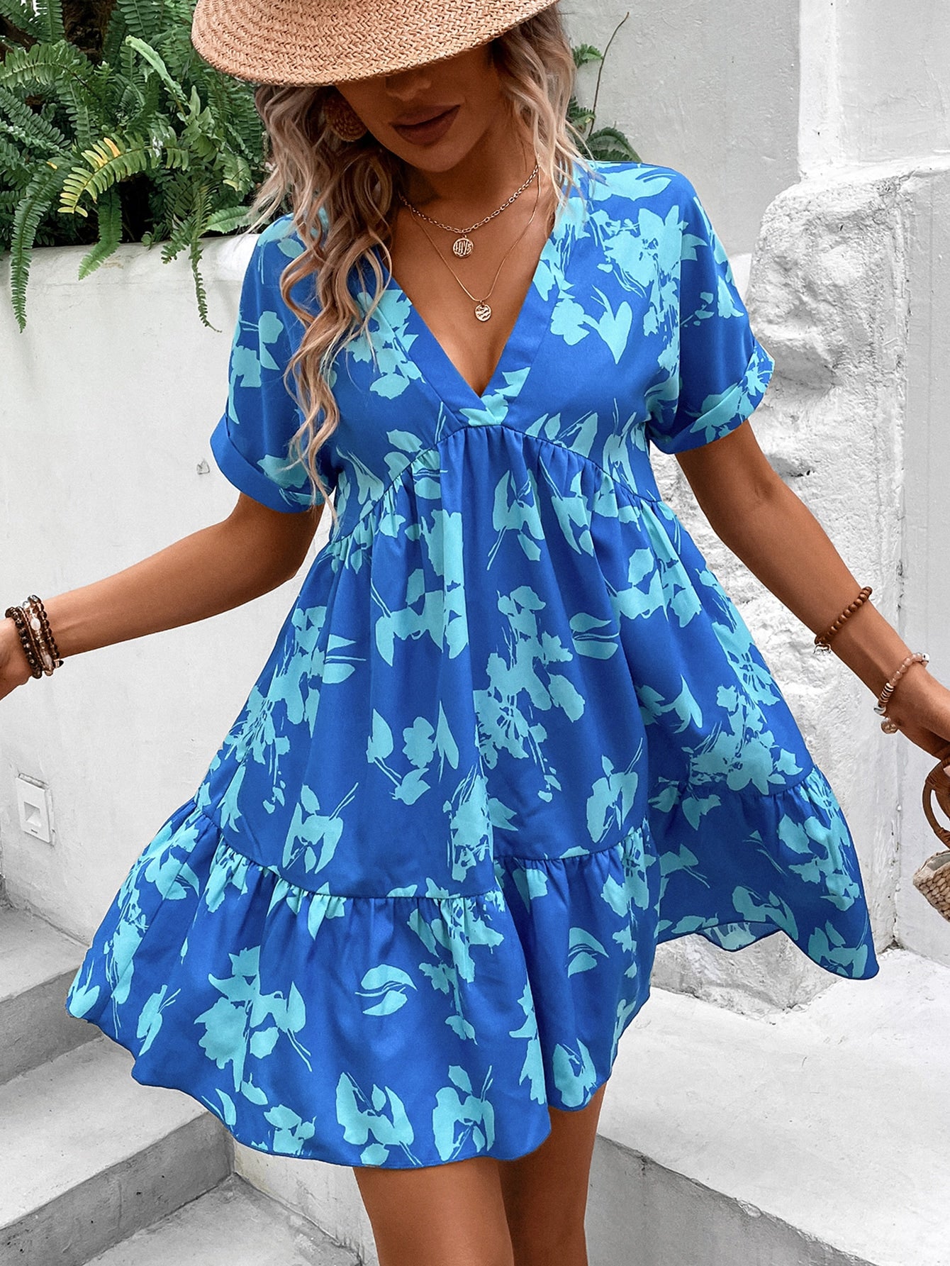 Floral Print Batwing Sleeve Ruffle Hem Smock Dress