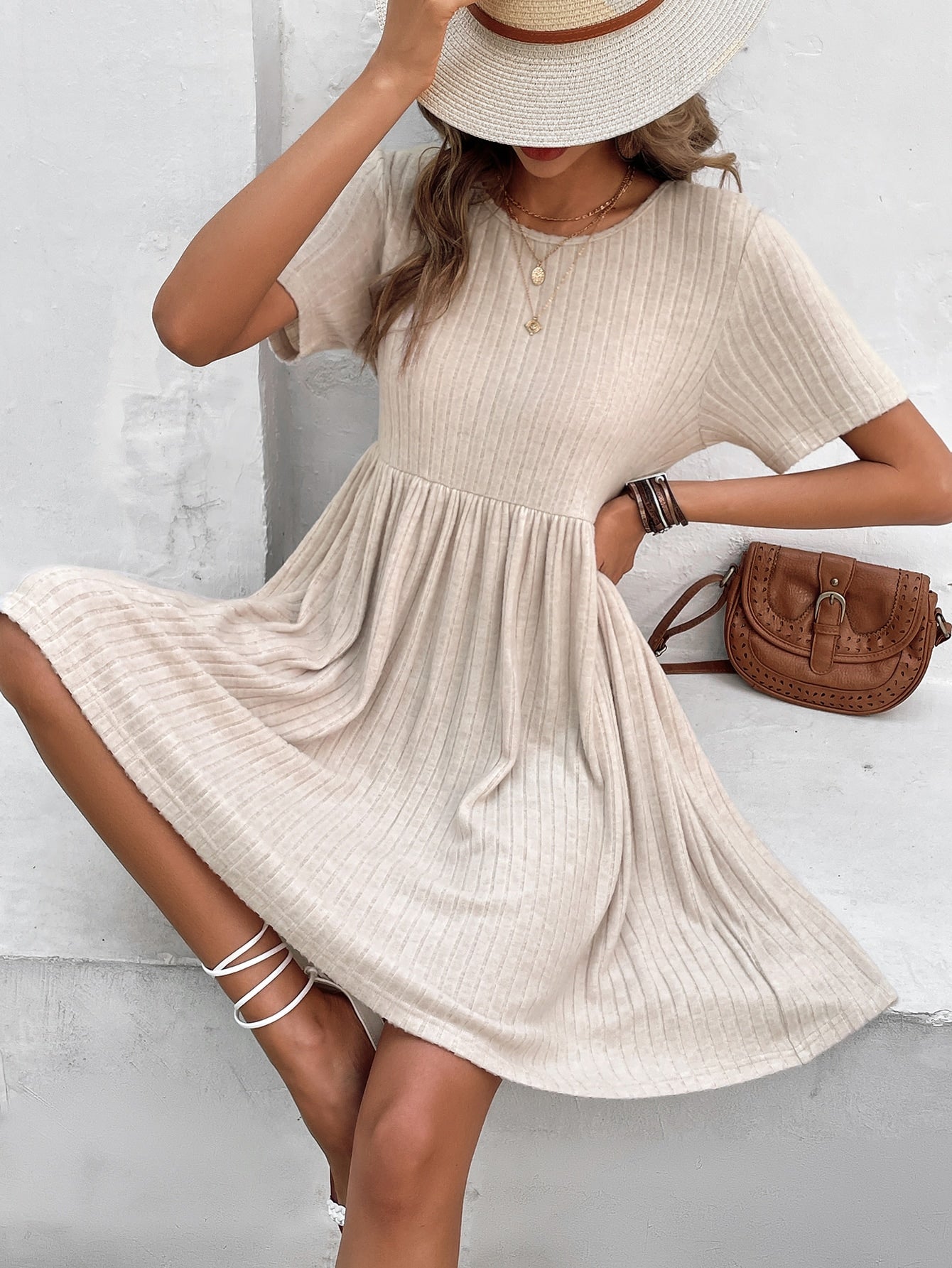 Frenchy Solid Ribbed Knit Smock Dress