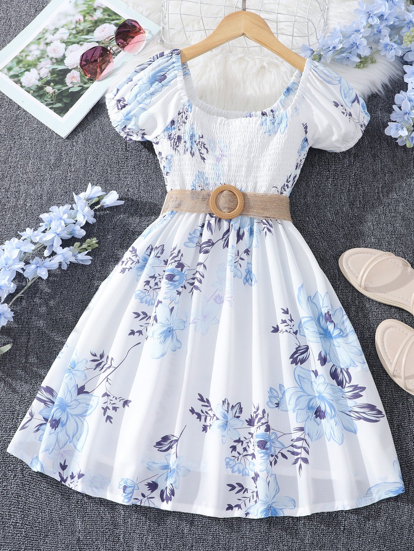 Tween Girl Floral Print Shirred Puff Sleeve Belted Dress