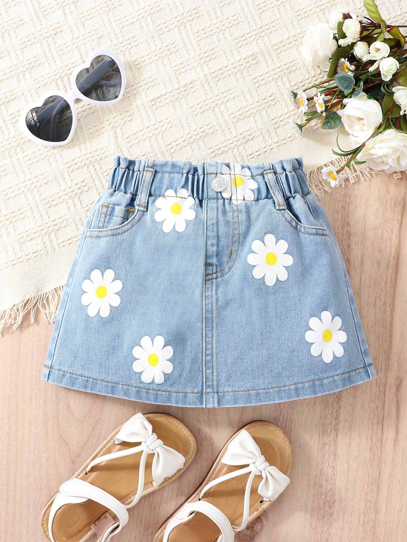 Kids Young Girl Floral Print Paperbag Waist Denim Skirt