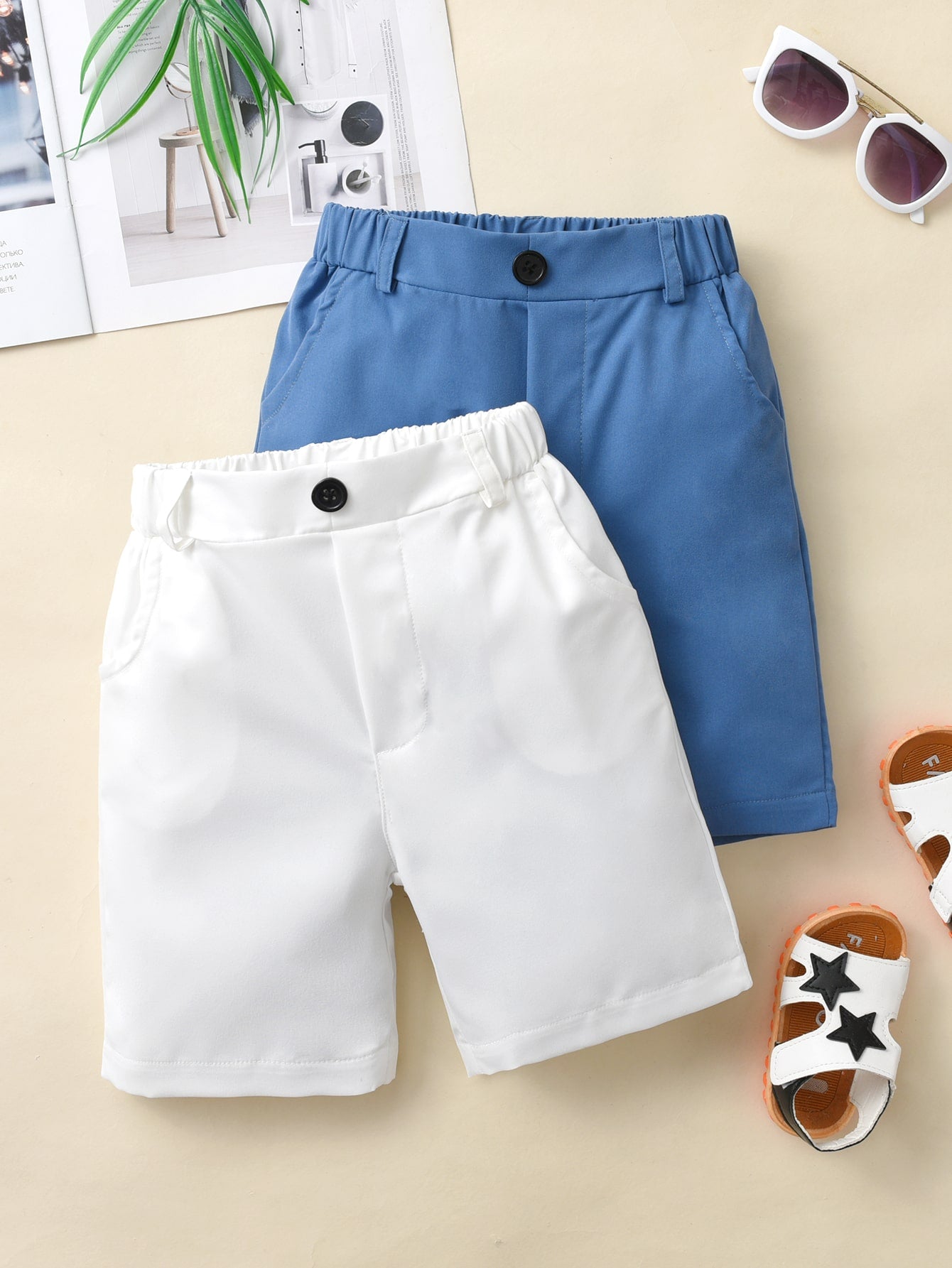 Young Boy 2pcs/Set Casual Solid Color Shorts With Pockets For Daily Wear, Parties And Vacations In Summer