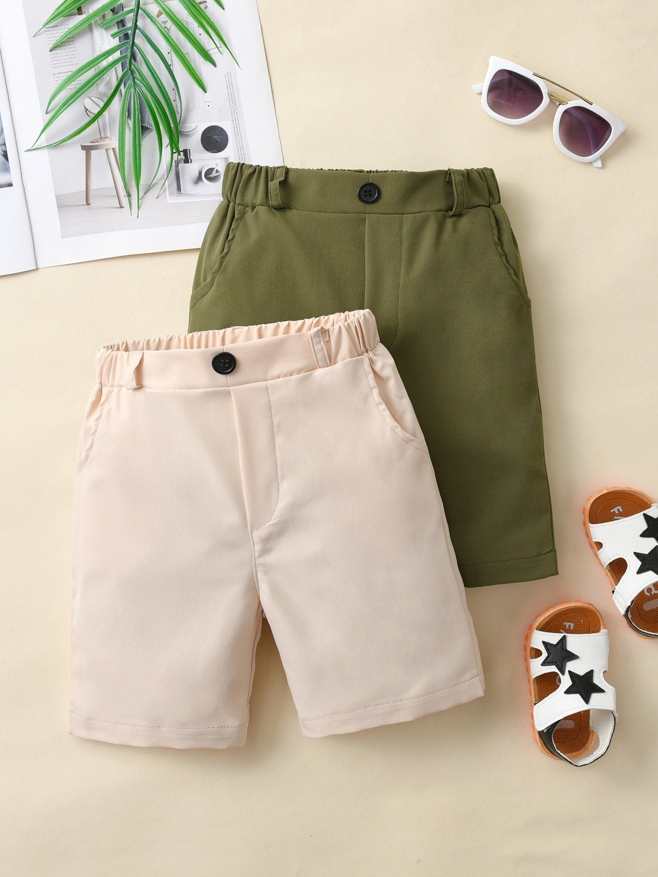 Young Boy 2pcs/Set Casual Solid Color Shorts With Pockets For Daily Wear, Parties And Vacations In Summer