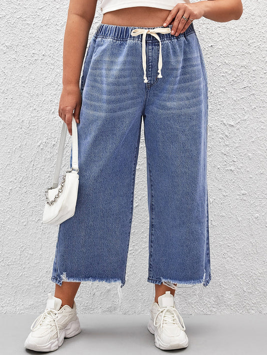 Plus Drawstring Waist Raw Cut Wide Leg Jeans