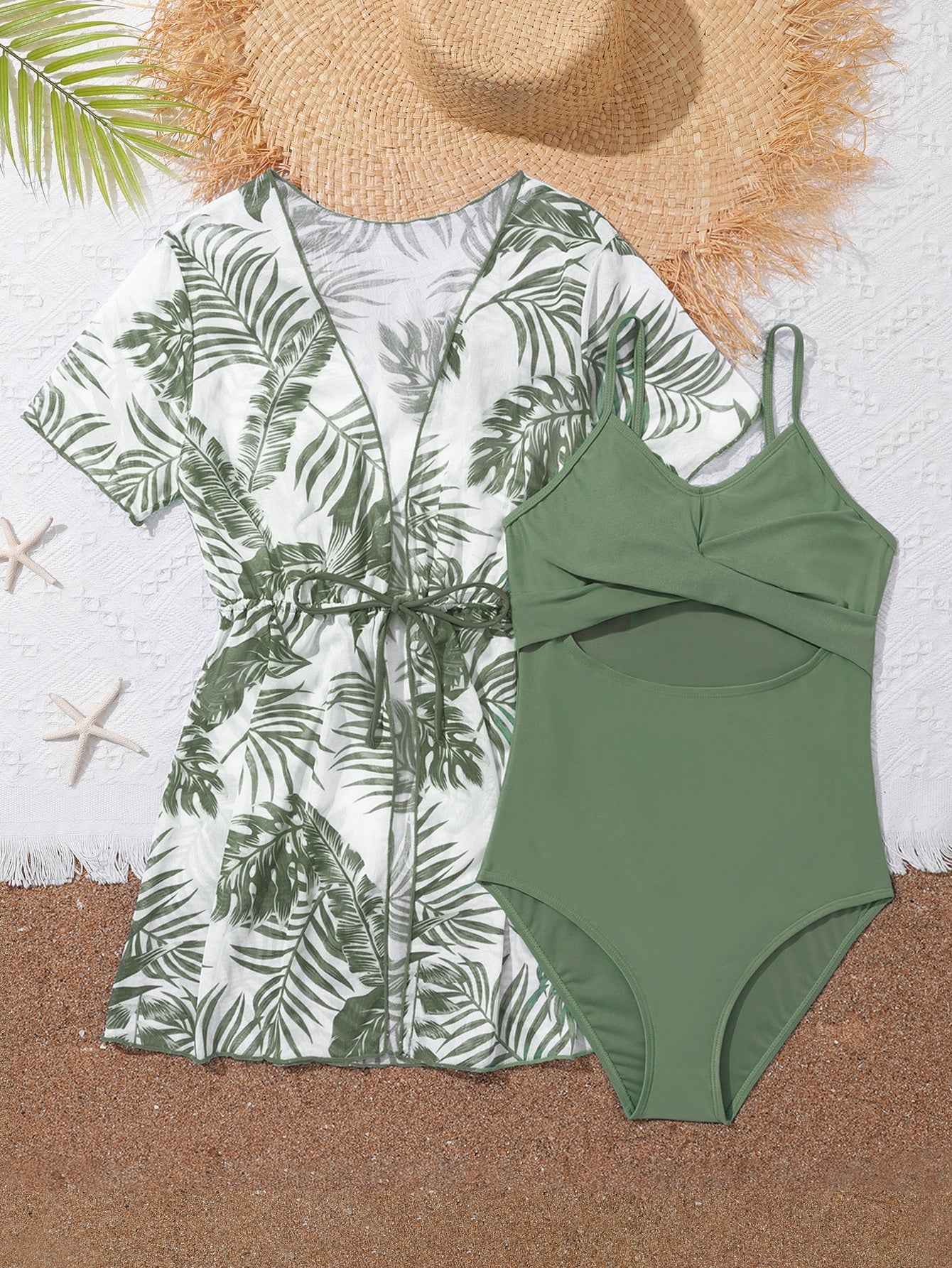 Teen Girls Cut Out One Piece Swimsuit With Tropical Print Kimono