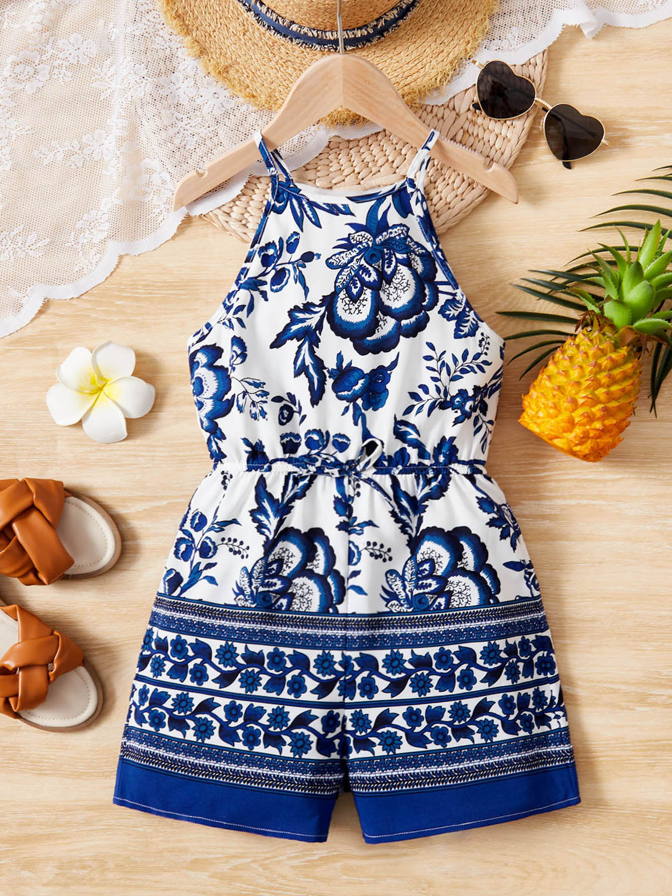 Tween Girl Bohemian Sleeveless Floral Printed Spaghetti Strap Romper For Summer