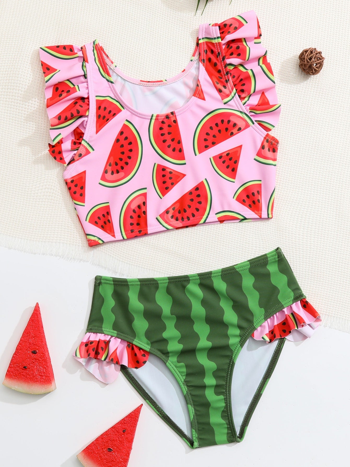 Young Girl Watermelon Print Ruffle Trim Bikini Set Summer Beach