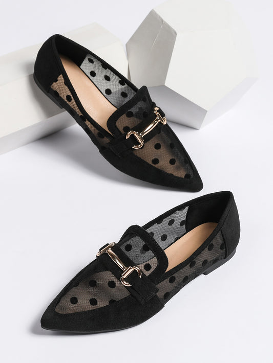 Women Breathable Polka Dot Snaffle Decor Point Toe Flats, Fashionable Outdoor Mesh Loafer Flats