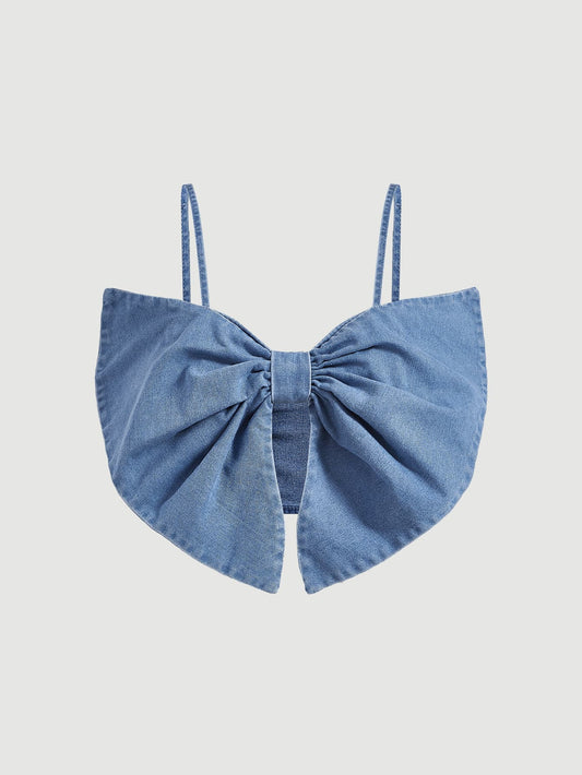 Plus Size Cute Back Bow Knot Shirred Adjustable Strap Denim Camisole Top