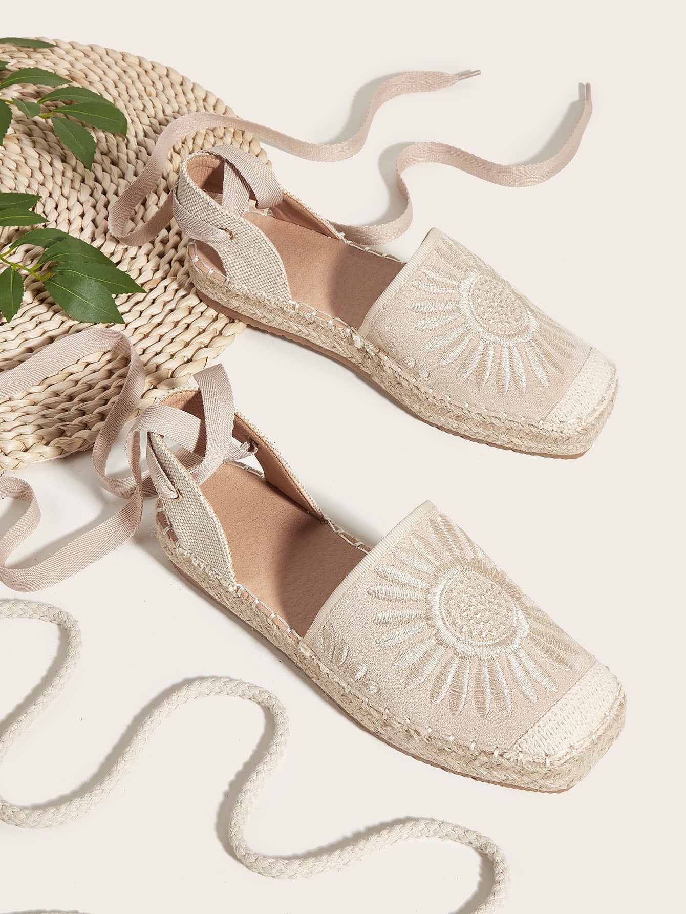 Women Floral Embroidery Square Toe Strappy Flats, Vacation Beige Faux Suede Espadrille Flats