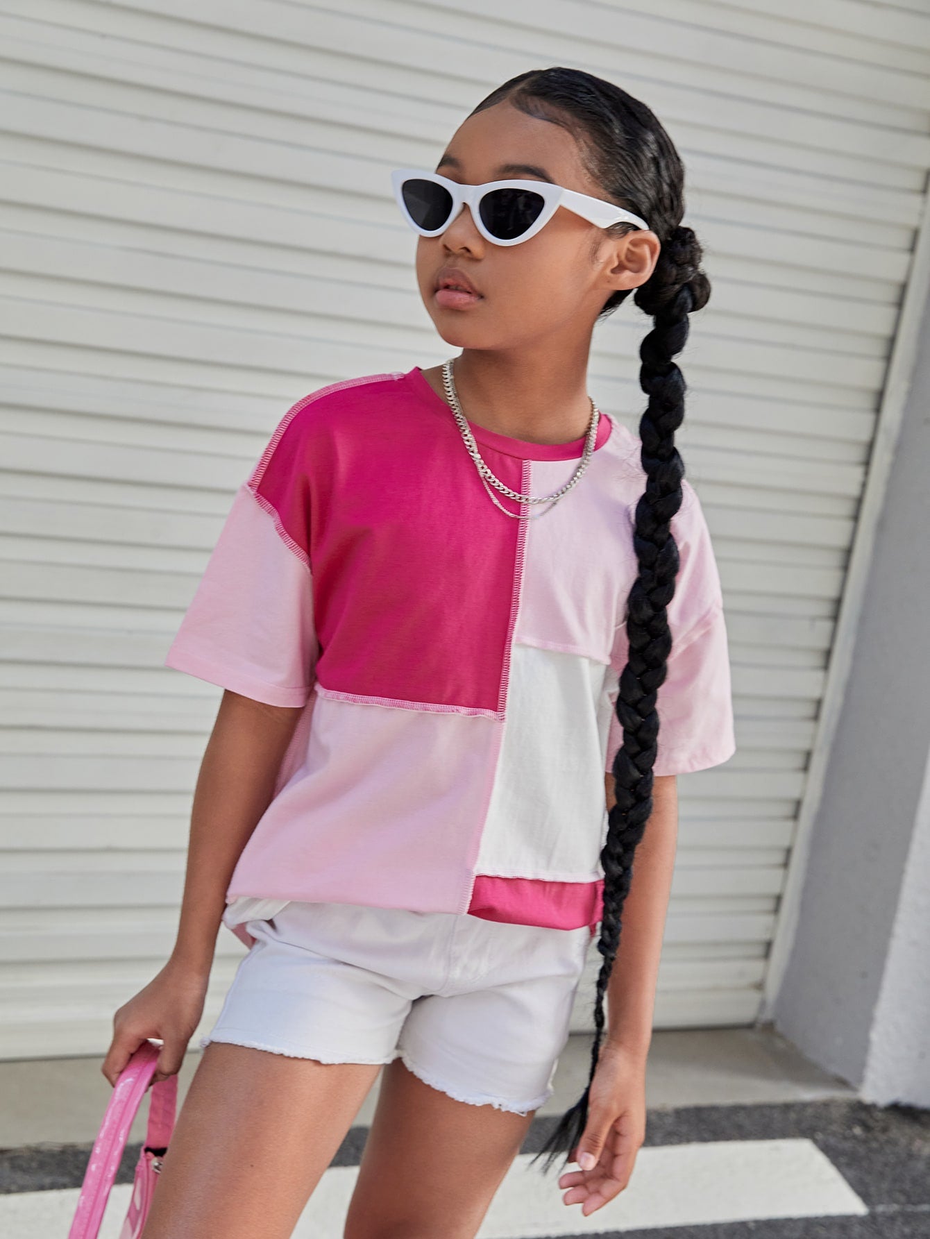 Tween Girl Short Sleeve Round Neck Knitted Color Block Drop Shoulder T-Shirt