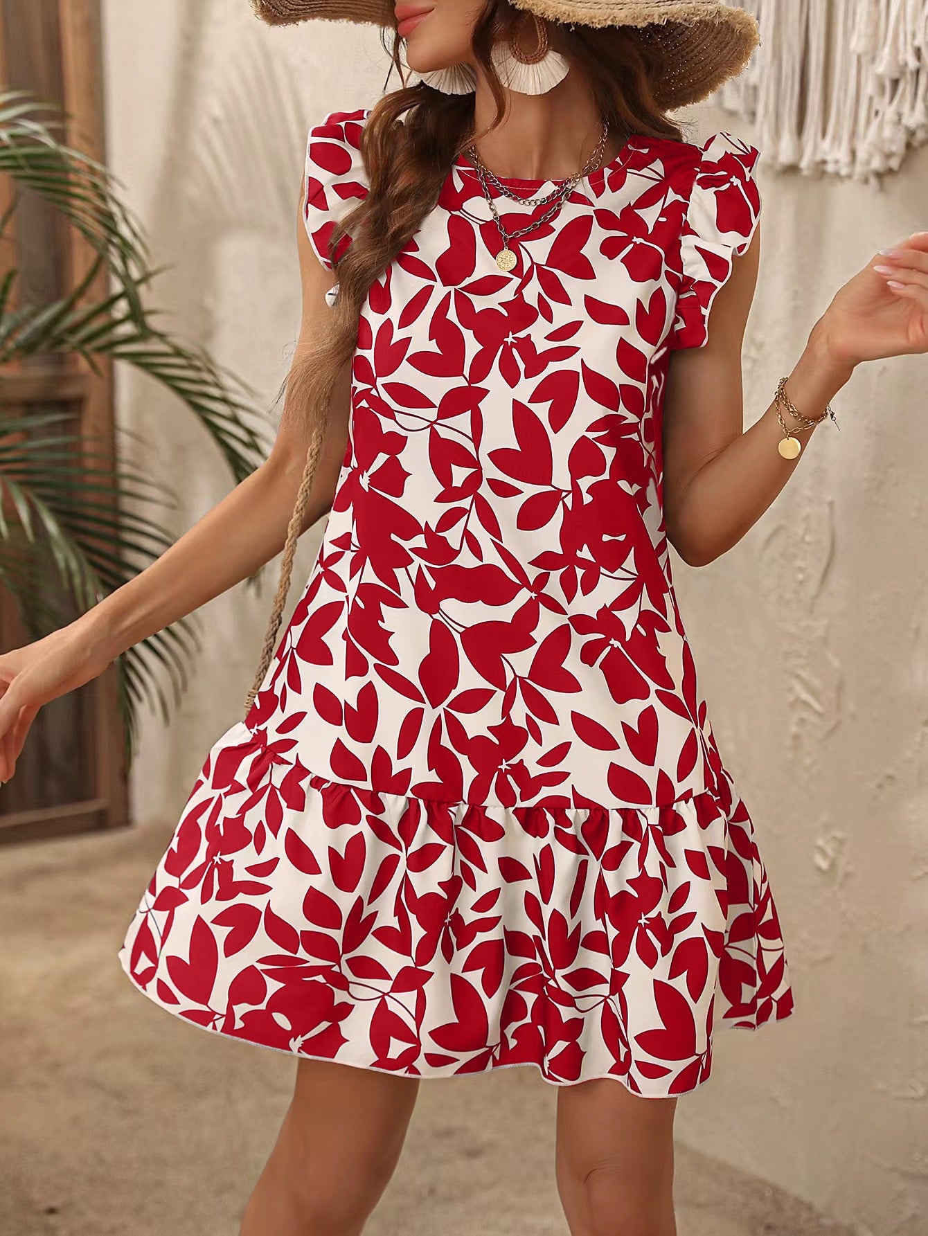 Allover Print Ruffle Trim Smock Dress